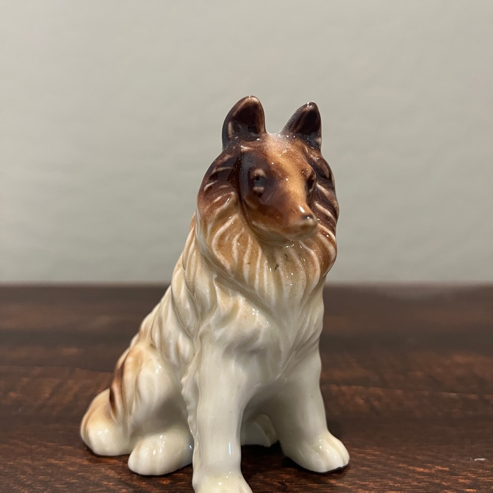 Porcelain Collie Dog Figurine in White and Brown